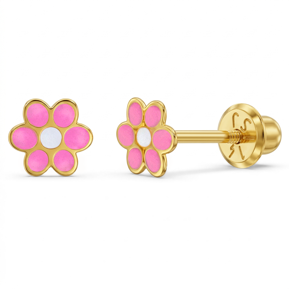 14k Gold Flower Baby / Toddler / Kids Earrings Safety Screw Back Enamel