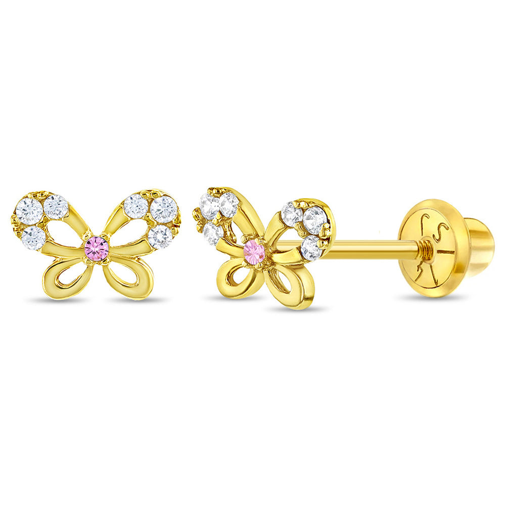 14k Gold Jeweled Butterfly Baby / Toddler / Kids Earrings Safety Screw Back