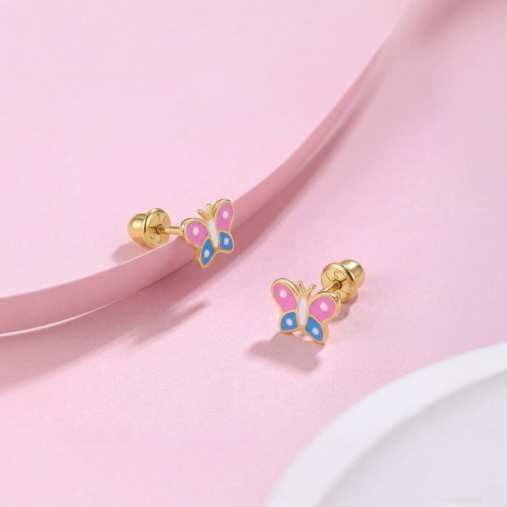 14k Gold Colorful Butterfly Baby / Toddler / Kids Earrings Safety Screw Back Enamel