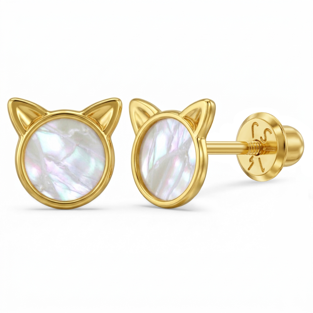 14k Gold Mother of Pearl Kitty Cat Kids / Children's / Girls Earrings Safety Screw Back