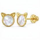 14k Gold Mother of Pearl Kitty Cat Kids / Children's / Girls Earrings Safety Screw Back