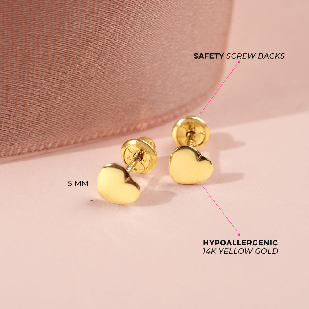 14k Gold Polished Heart Baby / Toddler / Kids Earrings Safety Screw Back