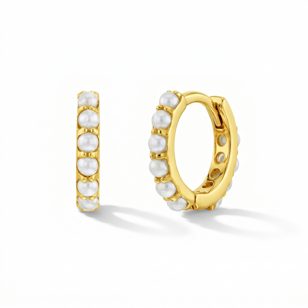 14k Gold Tiny Simulated Pearl Huggie 7mm Baby / Toddler / Kids Earrings Hoop