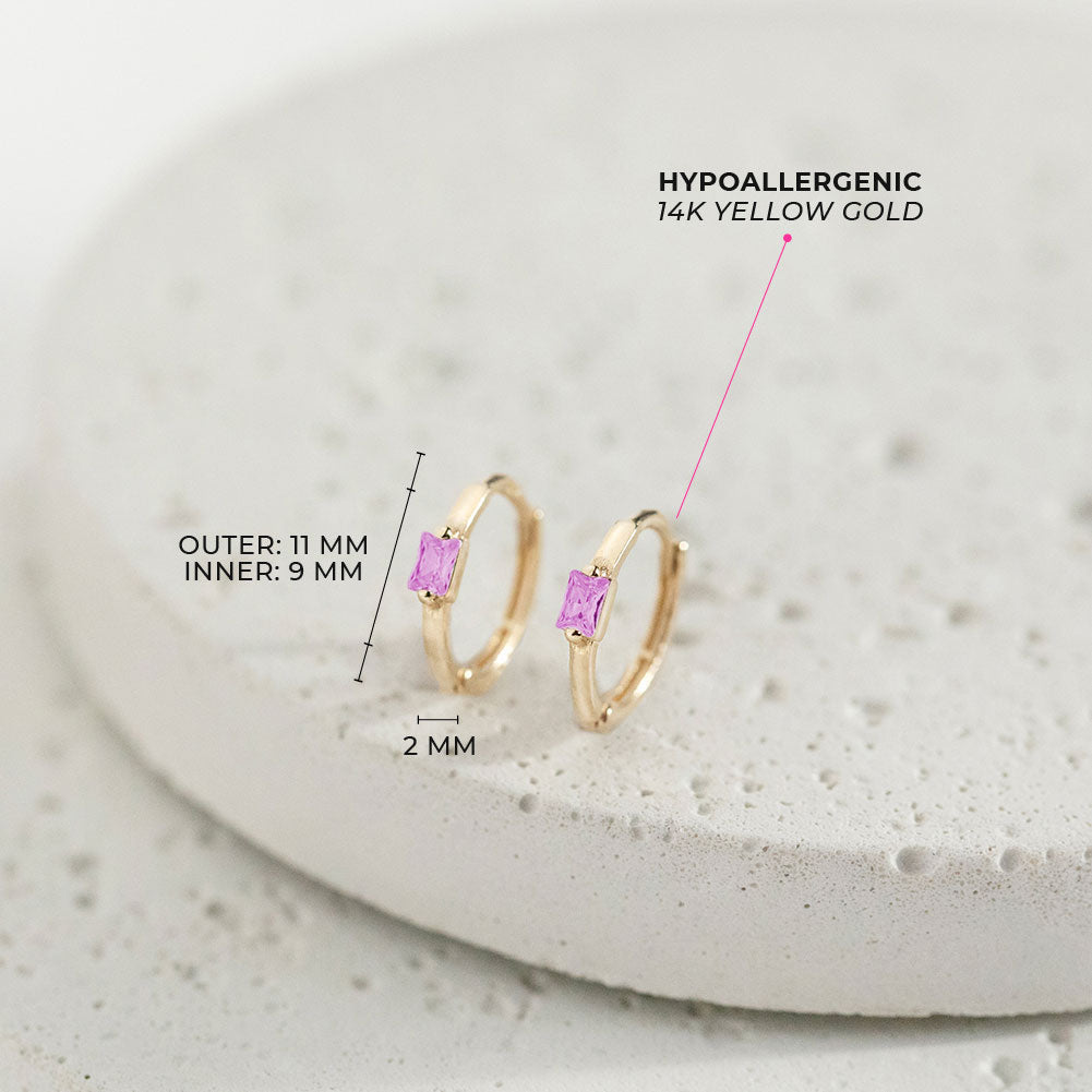 Baguette Cut CZ Huggie 9mm Toddler / Kids / Girls Earrings Hoop - 14k Gold