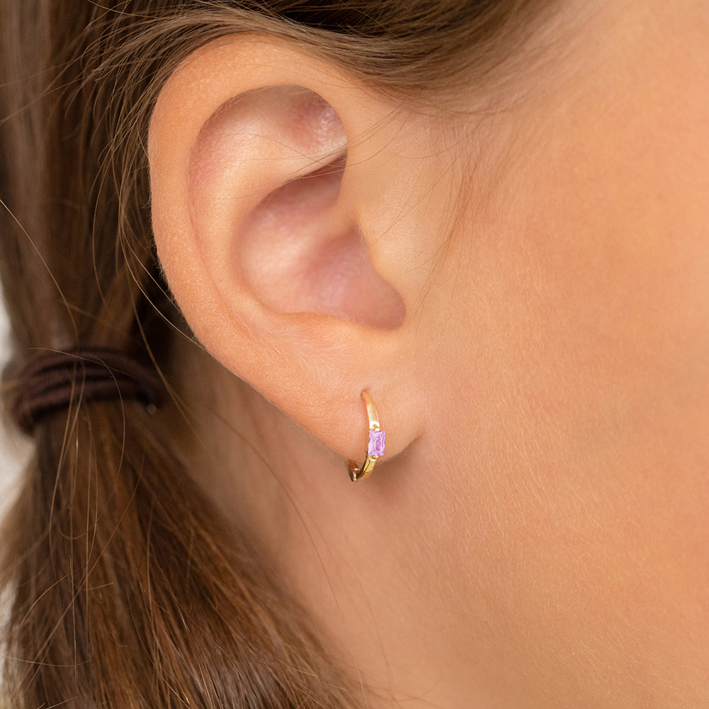 Baguette Cut CZ Huggie 9mm Toddler / Kids / Girls Earrings Hoop - 14k Gold