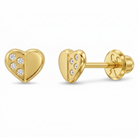 14k Gold Sweet Heart Encrusted Clear Toddler / Kids / Girls Earrings Safety Screw Back