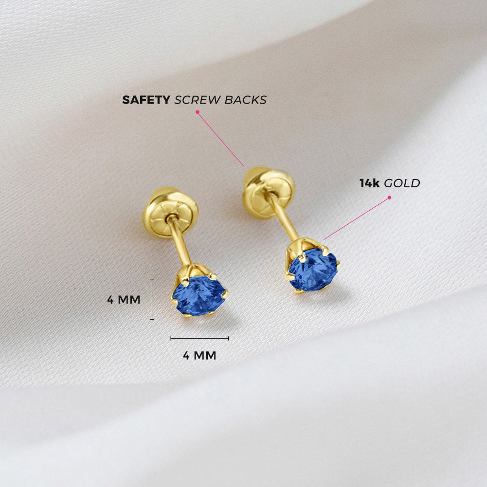 14k Gold Radiant Prong Set CZ 4mm Baby / Toddler / Kids Earrings Safety Screw Back