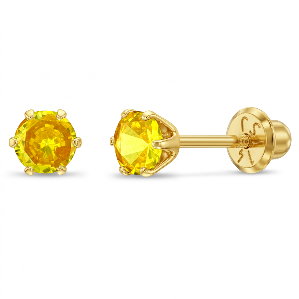 14k Gold Radiant Prong Set CZ 4mm Baby / Toddler / Kids Earrings Safety Screw Back