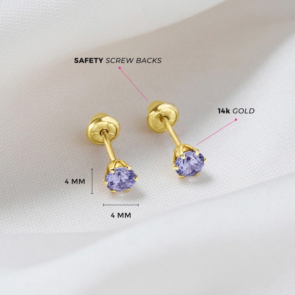 14k Gold Radiant Prong Set CZ 4mm Baby / Toddler / Kids Earrings Safety Screw Back