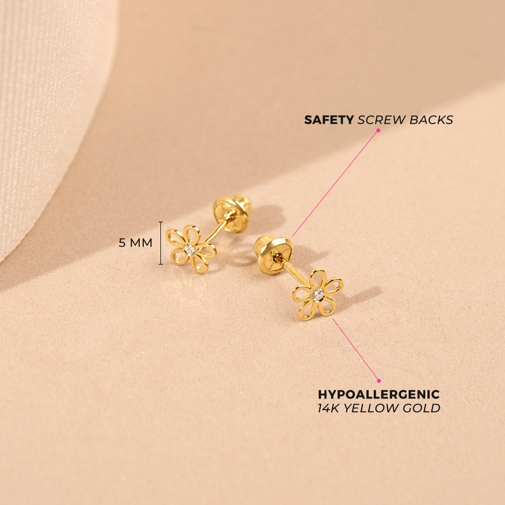 14k Gold CZ Flower Clear Toddler / Kids / Girls Earrings Safety Screw Back