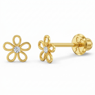 14k Gold CZ Flower Clear Toddler / Kids / Girls Earrings Safety Screw Back