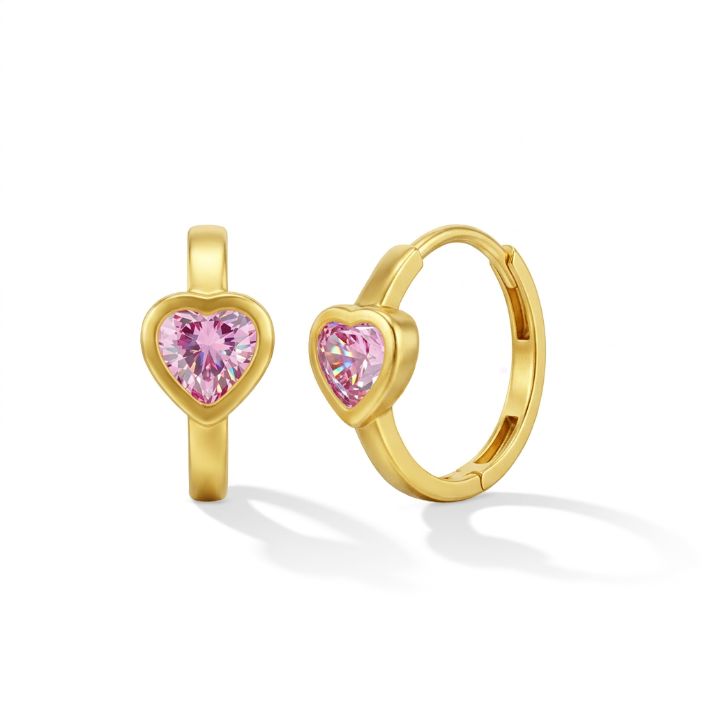 14k Gold Sparkling Heart Kids / Children's / Girls Earrings Hoop