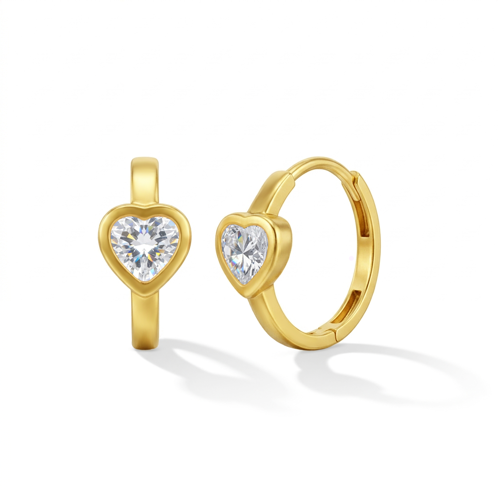 14k Gold Sparkling Heart Kids / Children's / Girls Earrings Hoop