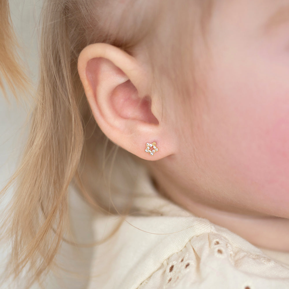 14k Gold CZ Encrusted Star Clear Baby / Toddler / Kids Earrings Safety Screw Back