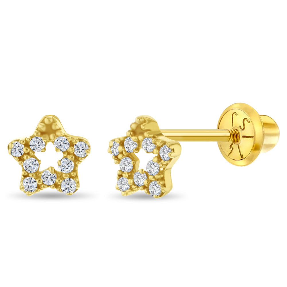 14k Gold CZ Encrusted Star Clear Baby / Toddler / Kids Earrings Safety Screw Back