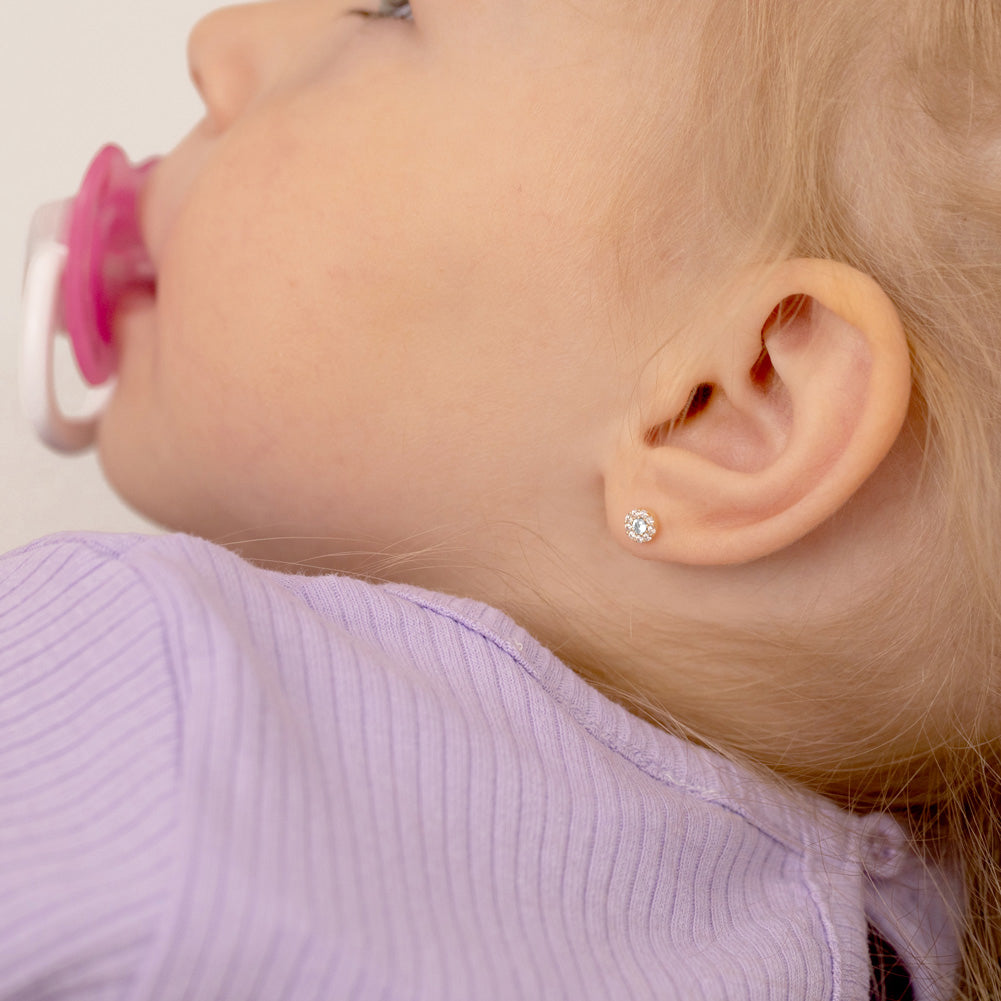 14k Gold CZ Burst Kids / Children's / Girls Earrings Safety Screw Back