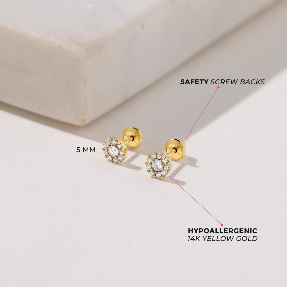 14k Gold CZ Burst Kids / Children's / Girls Earrings Safety Screw Back
