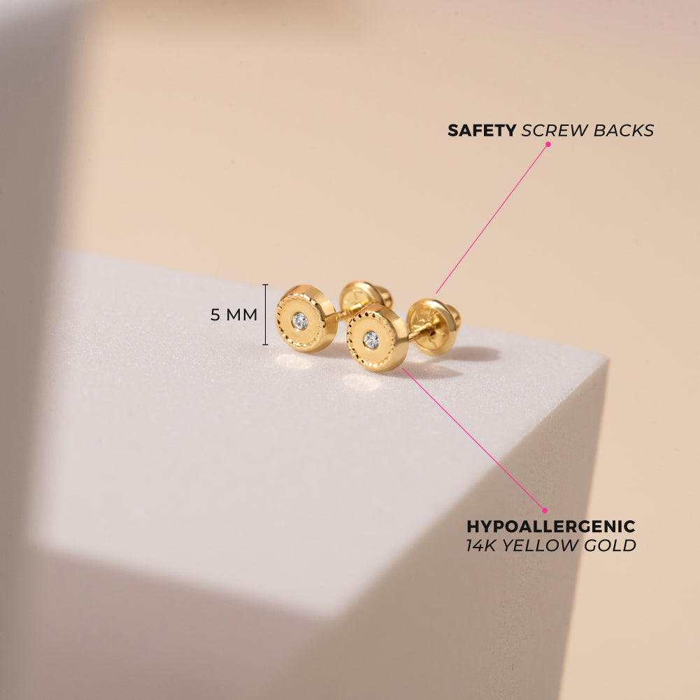 14k Gold Round Bezel Set Clear CZ Baby / Toddler / Kids Earrings Safety Screw Back