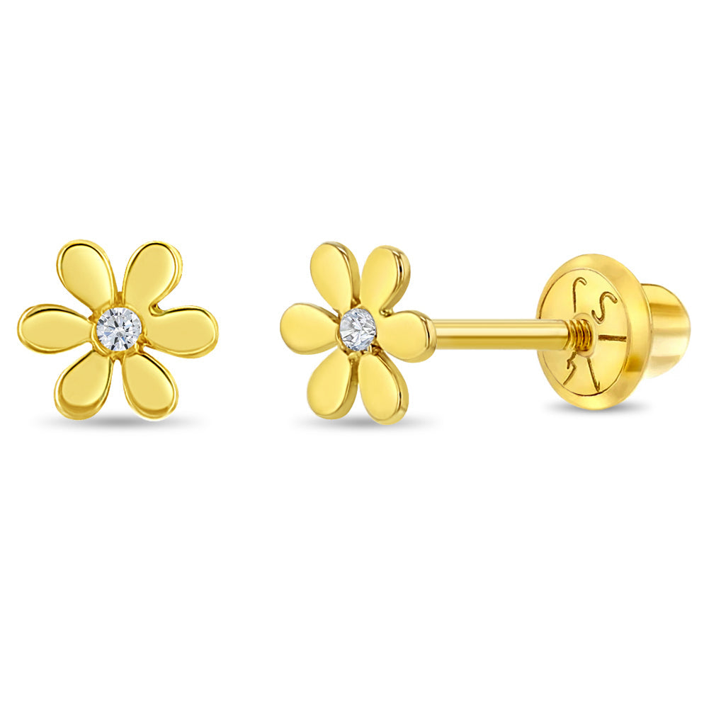 14k Gold Tiny Flower Clear CZ Baby / Toddler / Kids Earrings Safety Screw Back