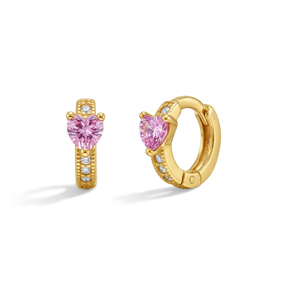 14k Gold Pink Cubic Zirconia Heart Kids / Children's / Girls Hoop Earrings