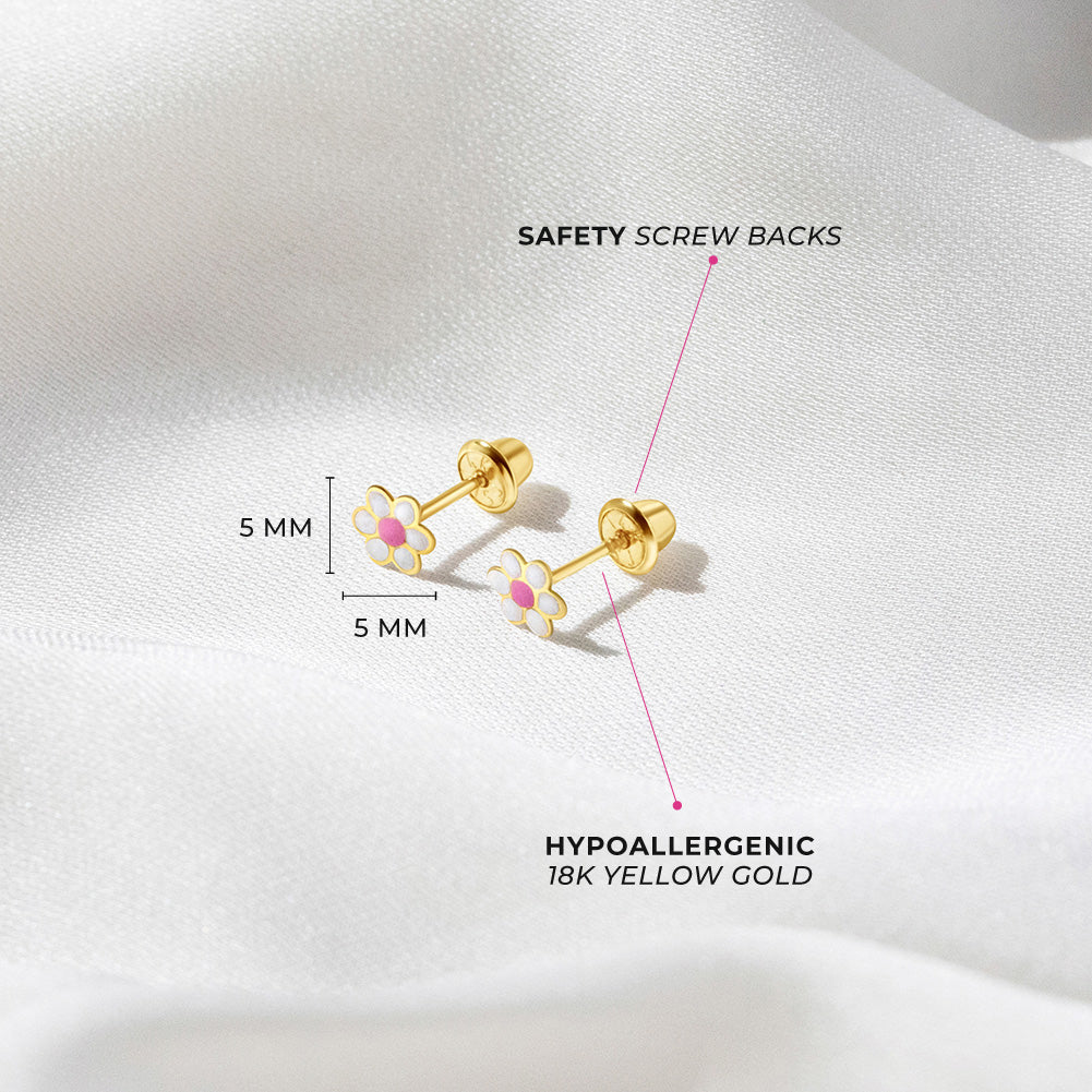 18k Gold Flower White Baby / Toddler / Kids Earrings Safety Screw Back Enamel
