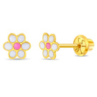 18k Gold Flower White Baby / Toddler / Kids Earrings Safety Screw Back Enamel
