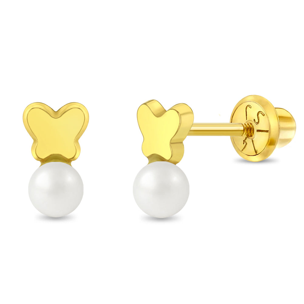 14k Gold Polished Drop Pearl Kids / Children's / Girls Earrings Safety Screw Back