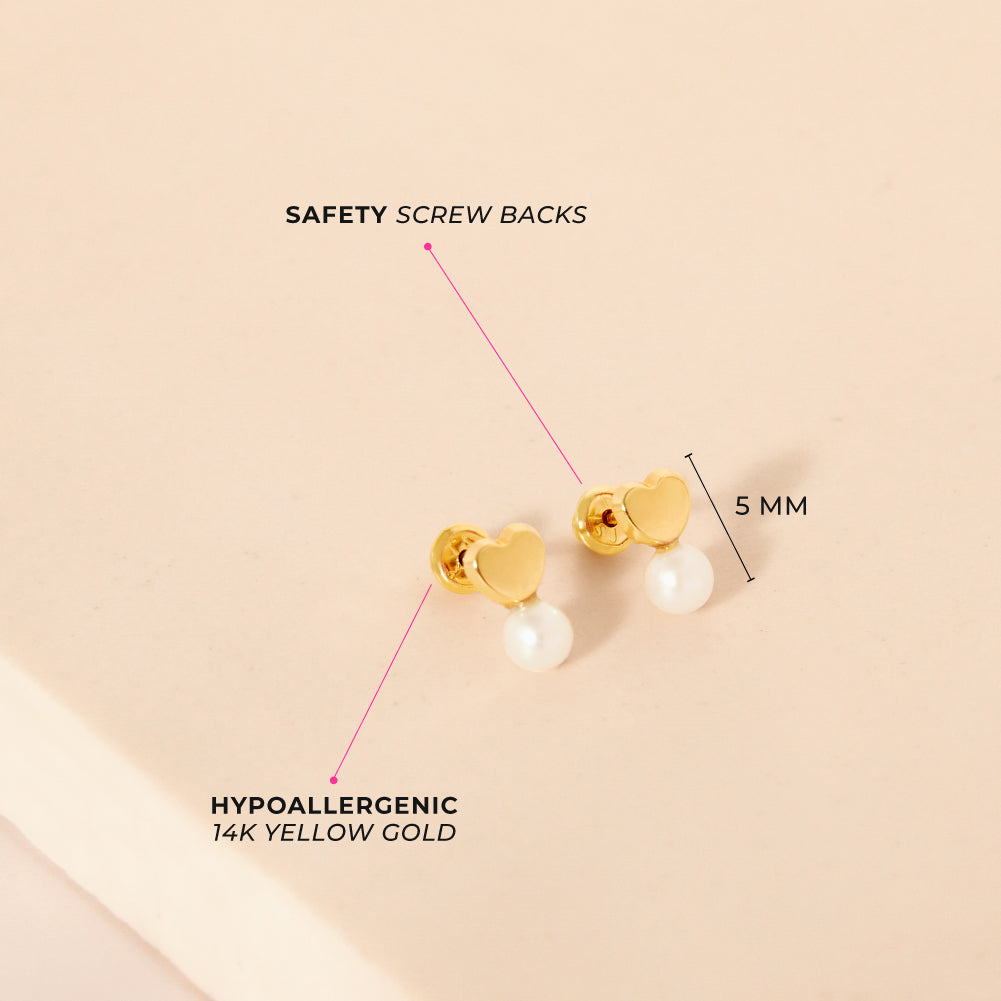14k Gold Polished Drop Pearl Kids / Children's / Girls Earrings Safety Screw Back