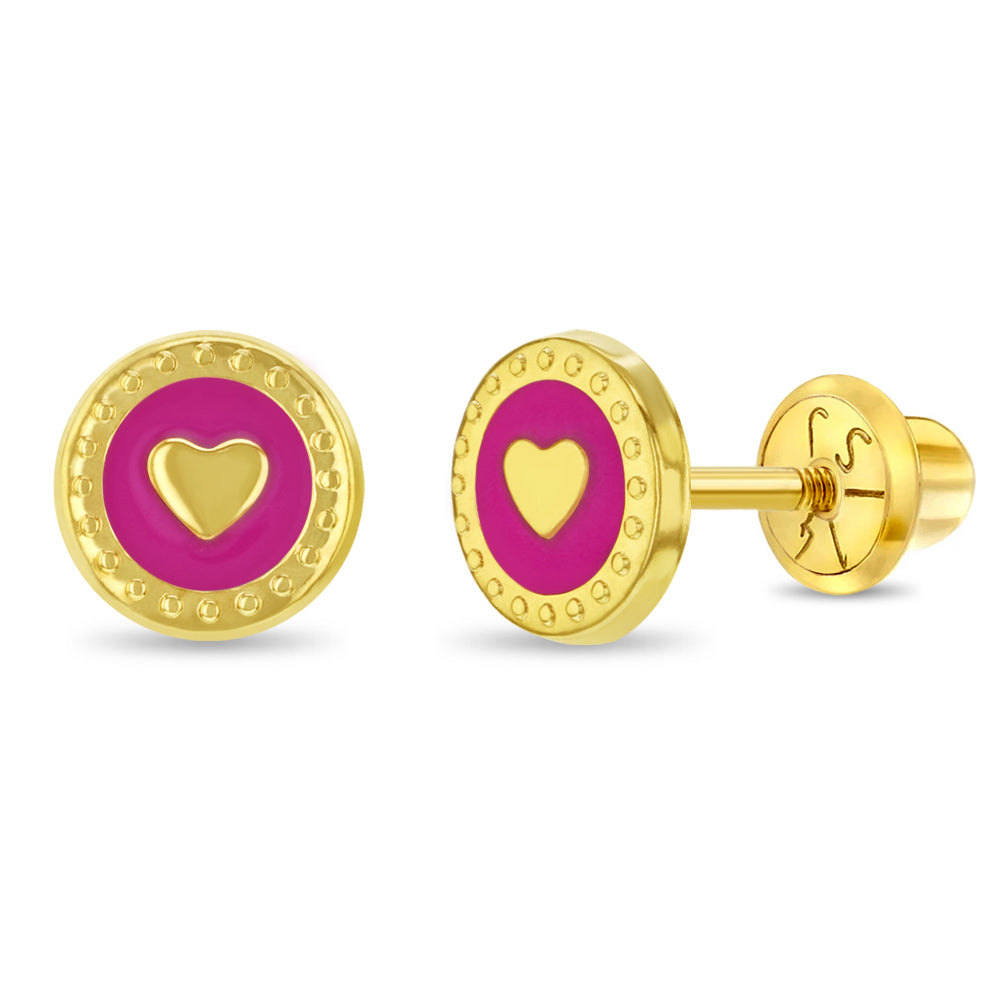 14k Gold Round Pink Heart Kids / Children's / Girls Earrings Safety Screw Back
