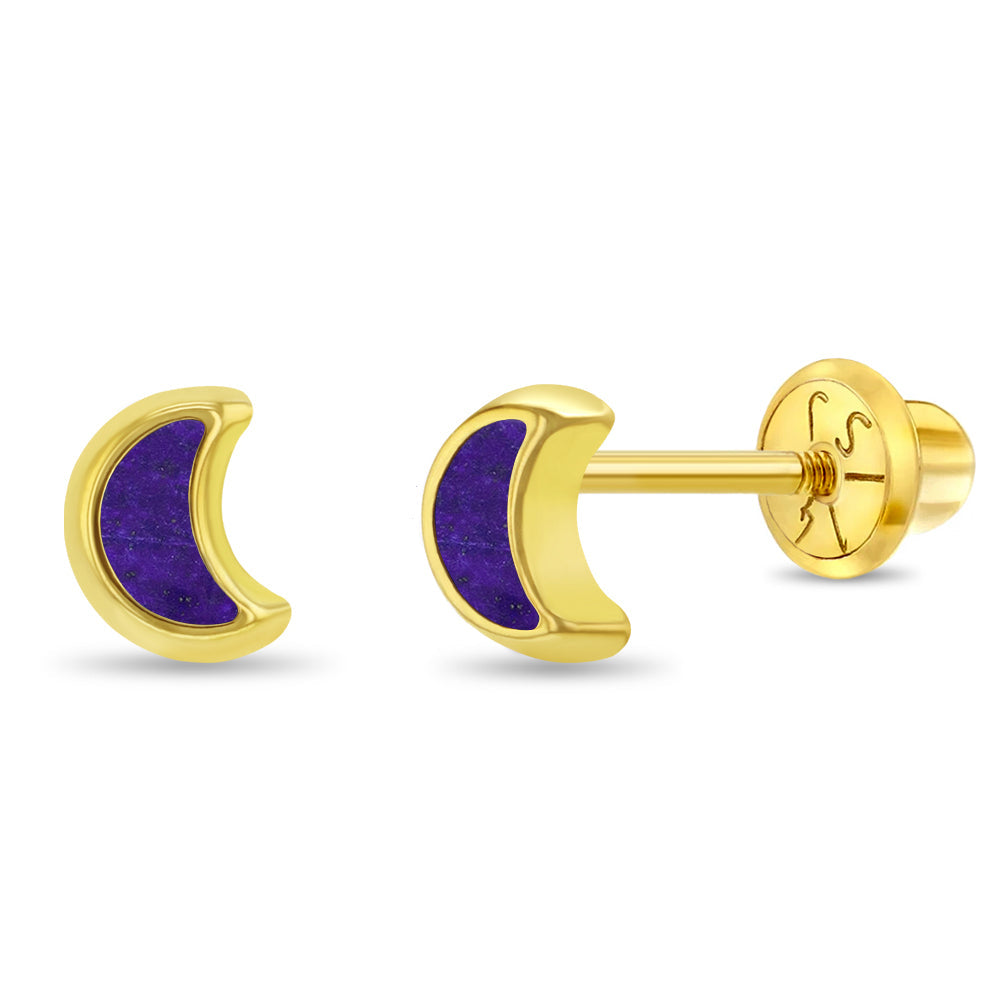 14k Gold Lapis Shaped Baby / Toddler / Kids Earrings Safety Screw Back