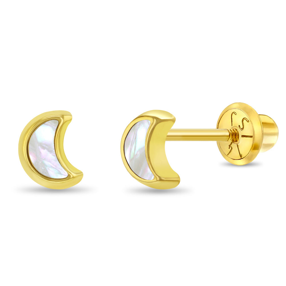 14k Gold Shaped Mother of Pearl Baby / Toddler / Kids Earrings Safety Screw Back