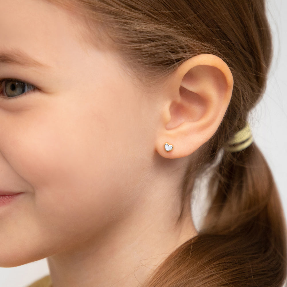14k Gold Shaped Mother of Pearl Baby / Toddler / Kids Earrings Safety Screw Back