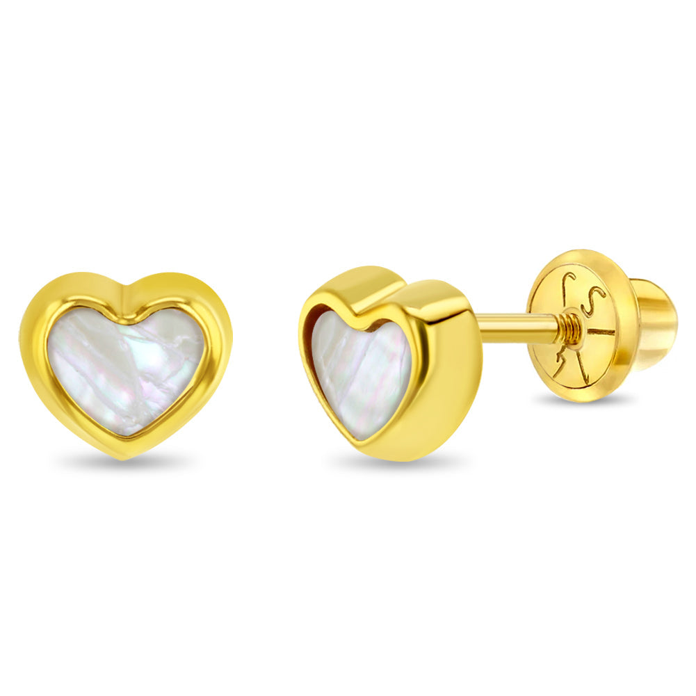 14k Gold Shaped Mother of Pearl Baby / Toddler / Kids Earrings Safety Screw Back
