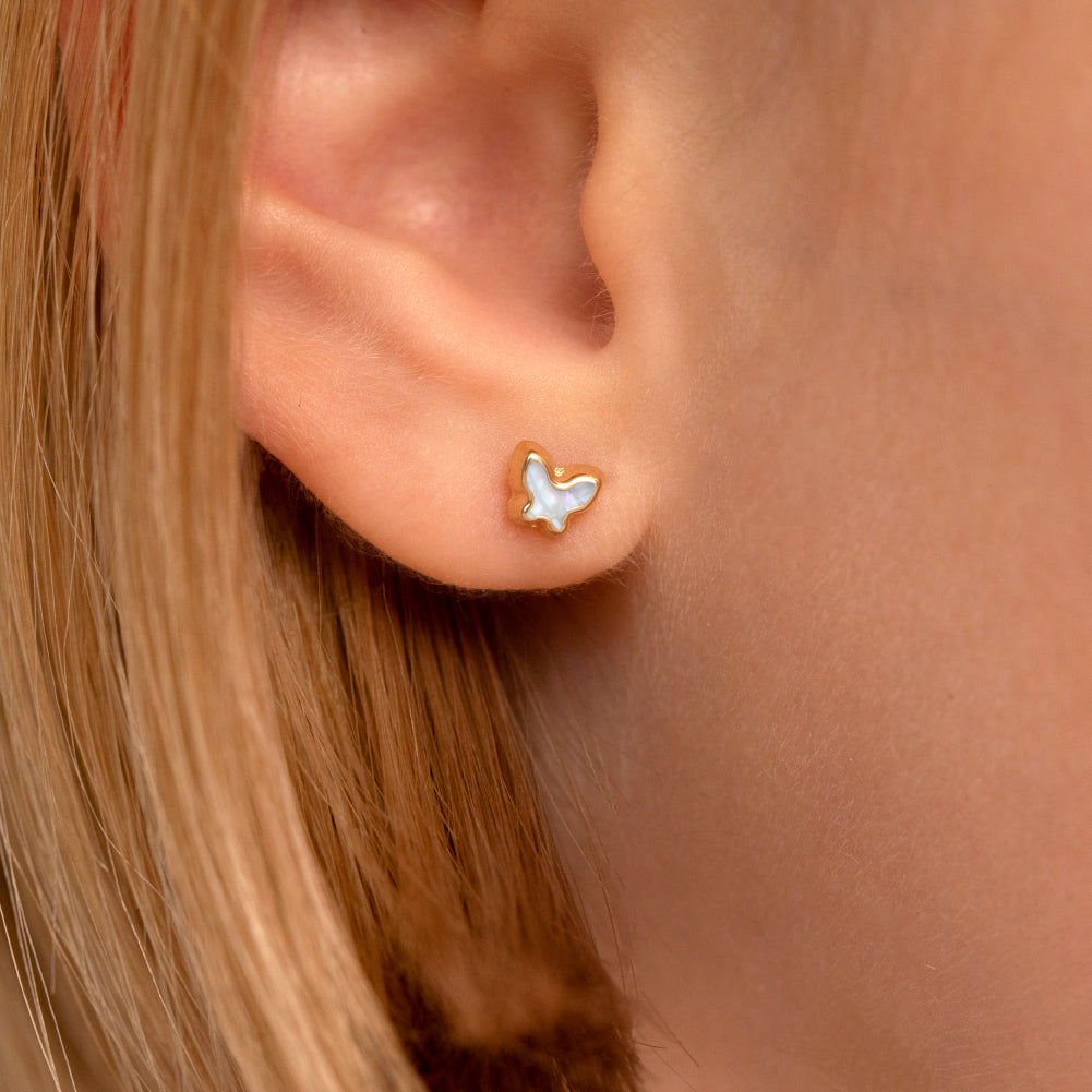 14k Gold Shaped Mother of Pearl Baby / Toddler / Kids Earrings Safety Screw Back