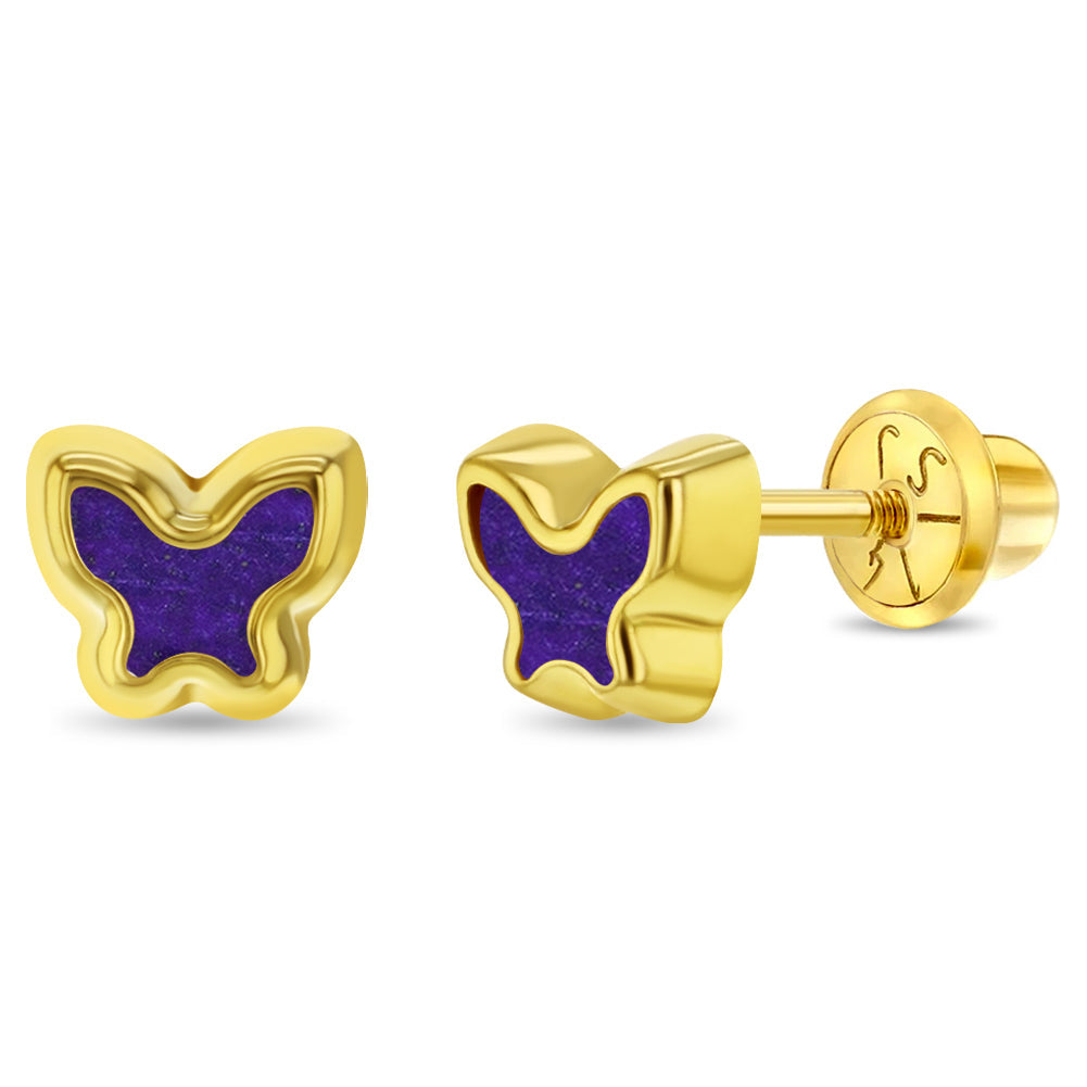 14k Gold Lapis Shaped Baby / Toddler / Kids Earrings Safety Screw Back
