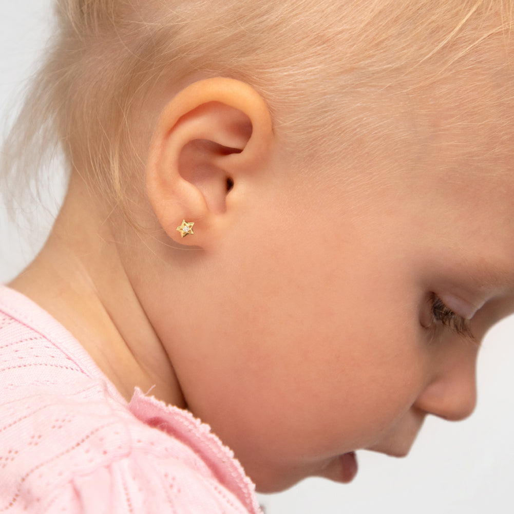 14k Gold Cubic Zirconia Star Kids / Children's / Girls Earrings Safety Screw Back