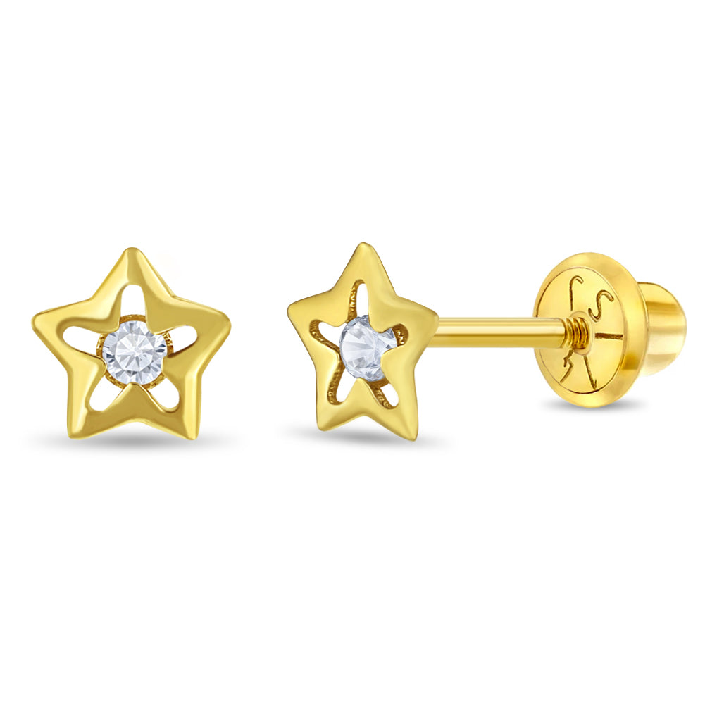 14k Gold Cubic Zirconia Star Kids / Children's / Girls Earrings Safety Screw Back
