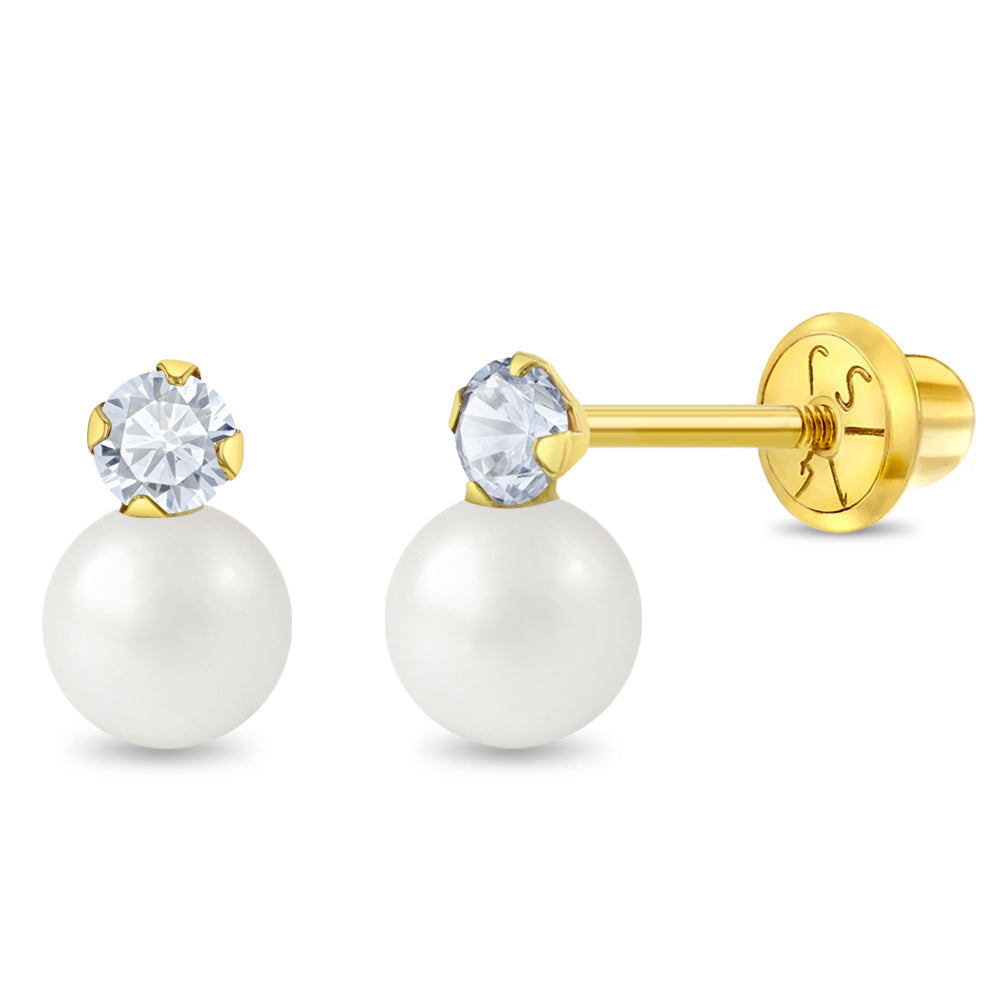 14k Gold Pearl With CZ Drop Toddler / Kids / Girls Earrings Safety Screw Back