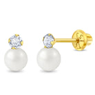 14k Gold Pearl With CZ Drop Toddler / Kids / Girls Earrings Safety Screw Back
