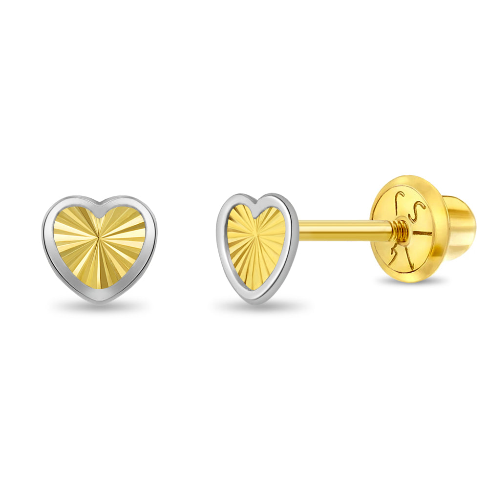 14k Gold Diamond Cut Heart Toddler / Kids / Girls Earrings Safety Screw Back