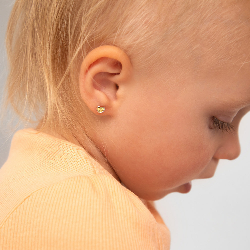 14k Gold Diamond Cut Heart Toddler / Kids / Girls Earrings Safety Screw Back
