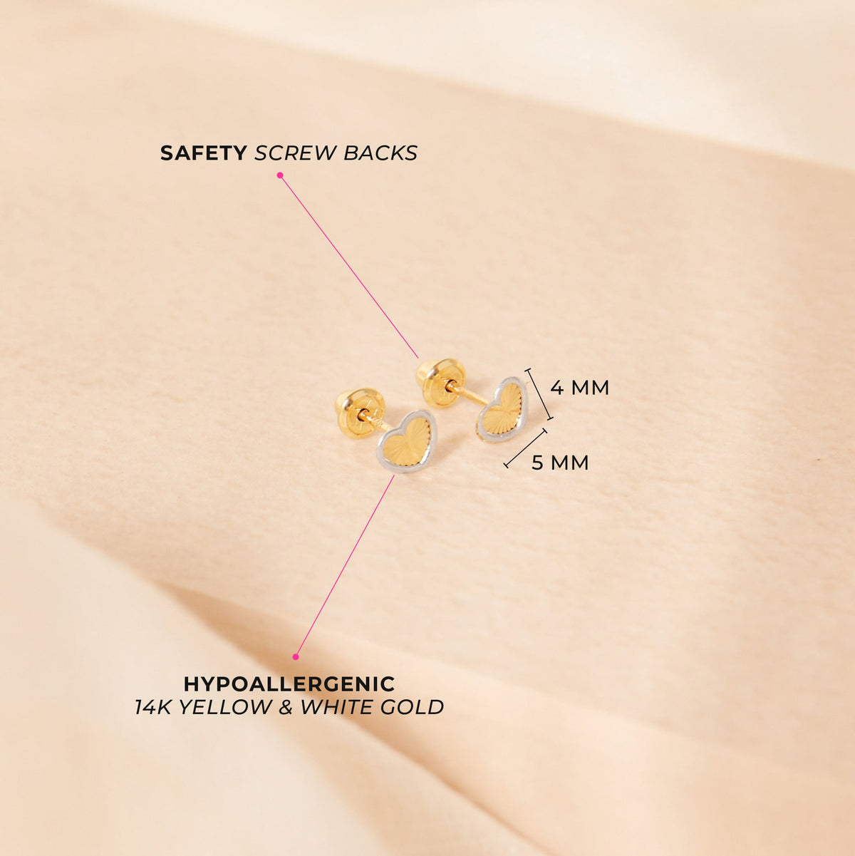 14k Gold Diamond Cut Heart Toddler / Kids / Girls Earrings Safety Screw Back