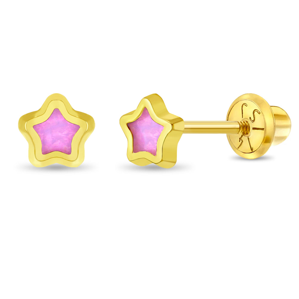 14k Gold Pretty in Pink Star Baby / Toddler / Kids Earrings Safety Screw Back