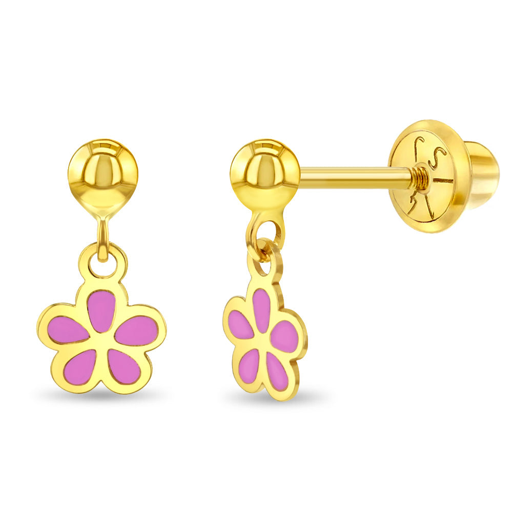 14k Gold Dangle Enamel Flower Kids / Children's / Girls Earrings Safety Screw Back