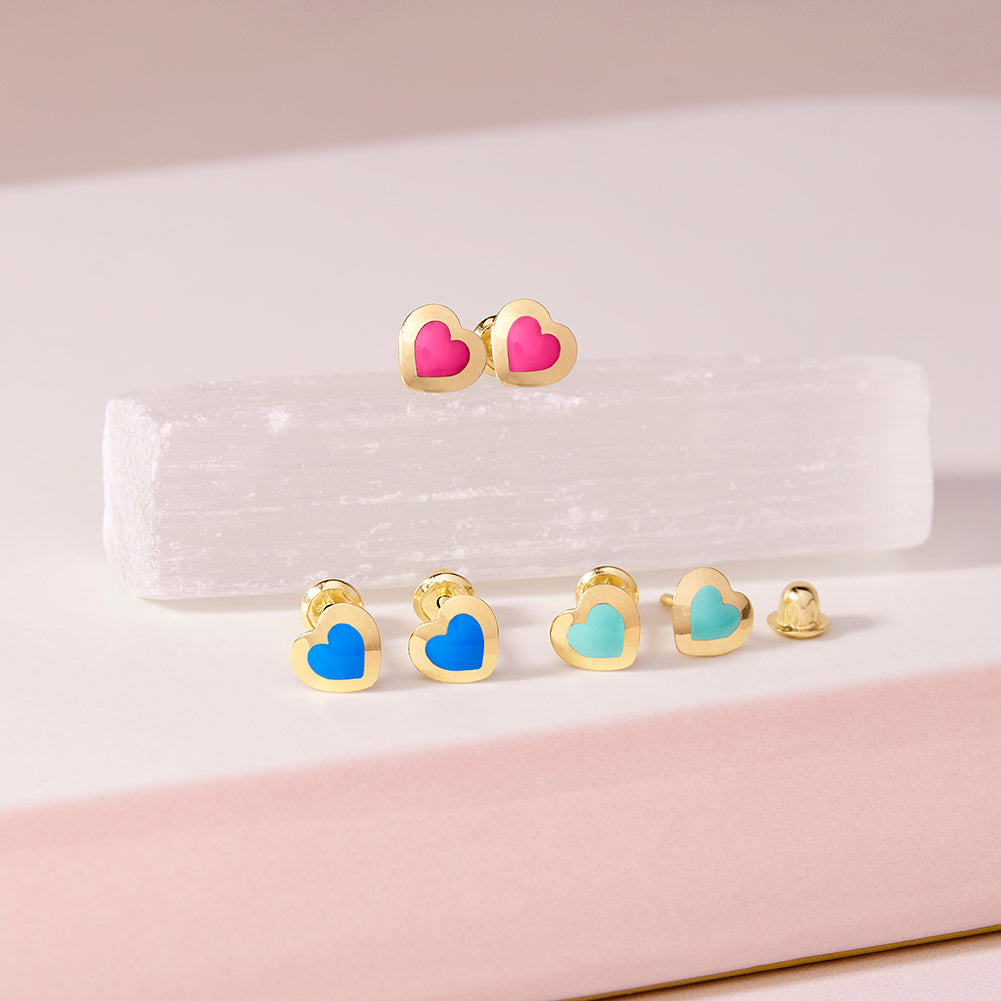 14k Gold Enamel Heart Kids / Children's / Girls Earrings Safety Screw Back