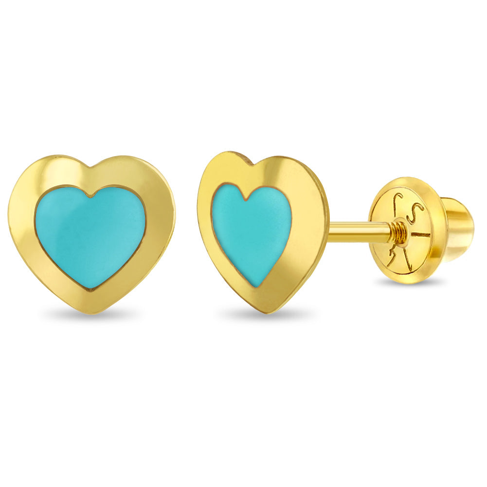 14k Gold Enamel Heart Kids / Children's / Girls Earrings Safety Screw Back