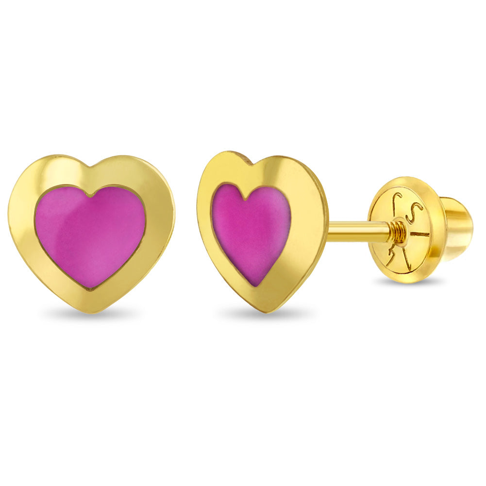 14k Gold Enamel Heart Kids / Children's / Girls Earrings Safety Screw Back
