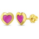 14k Gold Enamel Heart Kids / Children's / Girls Earrings Safety Screw Back