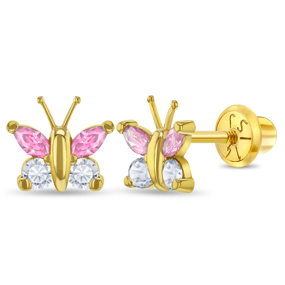 14k Gold Dazzling Butterfly Baby / Toddler / Kids Earrings Safety Screw Back
