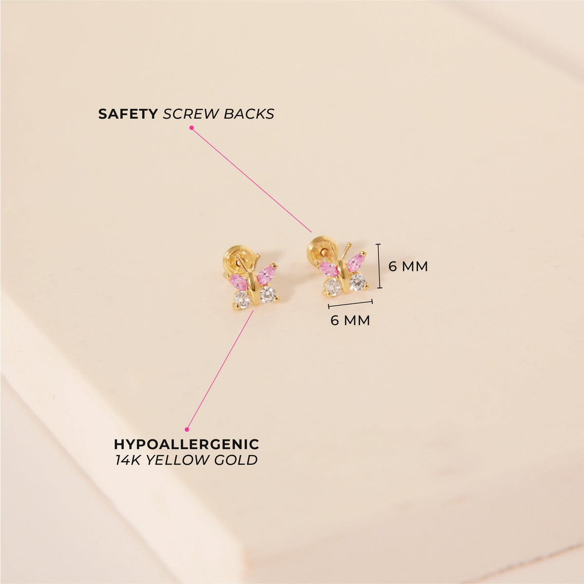 14k Gold Dazzling Butterfly Baby / Toddler / Kids Earrings Safety Screw Back